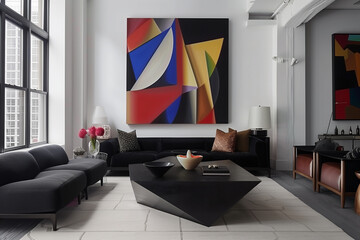 interior design concept. Contemporary living room with a sculptural coffee table, sleek black furniture, and bold geometric art, creating a stylish, edgy vibe.