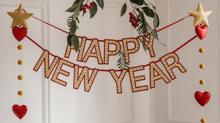A sign with Happy New Year wishes and New Year's decor on a white banner. New Year holidays