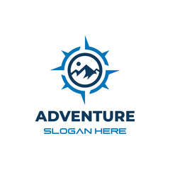 Mountain With Compass Badge logo design Suitable For Hiking,Adventure,Outdoor Emblem
