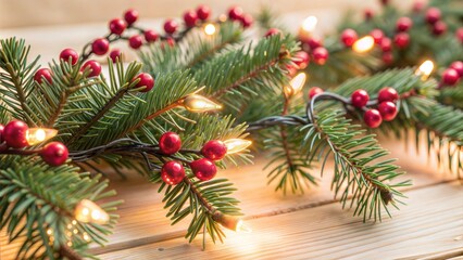 Fototapeta premium Festive garland with red berries and warm lights on wooden surface.