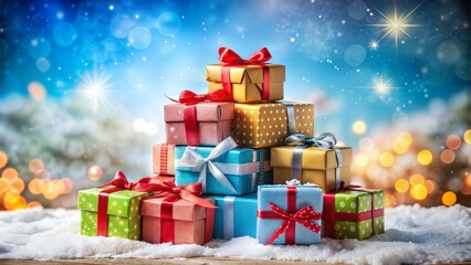Fototapeta premium Colorful gift boxes stacked on snow with a festive background.