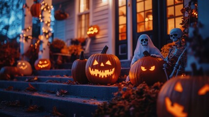 Obraz premium Front view of Halloween decorations on a front porch: Pumpkins, skeletons, and ghosts decorating a house porch.
