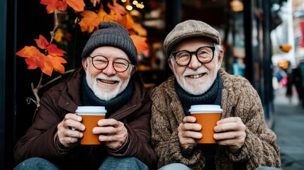 Elderly friends enjoying coffee outdoors on a crisp autumn day, AI
