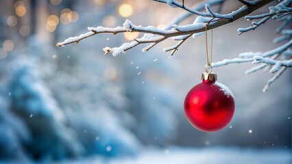 Red Christmas ornament hanging on a snow-covered branch, winter wonderland background.