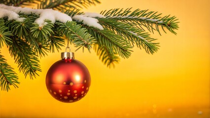 Obraz premium Christmas ornament hanging on a snow-covered pine branch, warm yellow background.