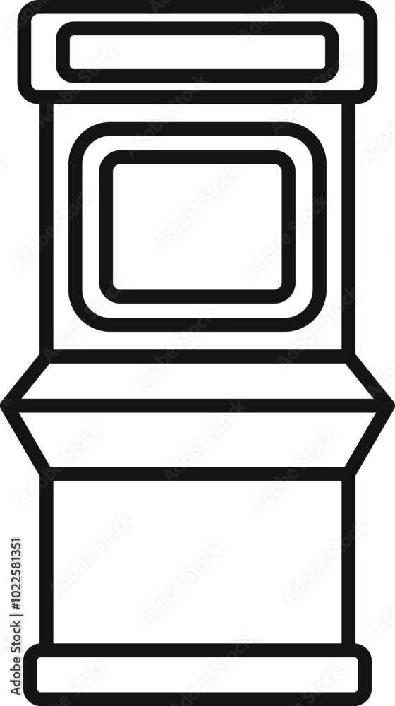 Poster line drawing of a retro arcade game machine displaying a pixelated game interface, evoking a sense o