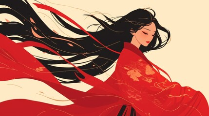 a woman with long black hair wearing a red hanfu, captured in a flowing pose with the wind blowing through his hair