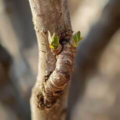 A close-up of a freshly grafted tree, showing the join where two species meet and grow together