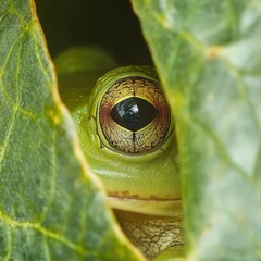 A close-up of a frog perfectly camouflaged against a leaf, nearly invisible