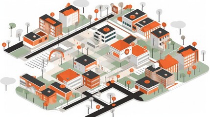Obraz premium An isometric illustration of a neighborhood with buildings, roads, and trees.