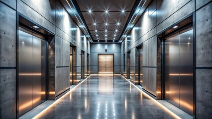 Fototapeta premium A minimalist hallway with multiple sets of steel elevator doors illuminated by recessed lighting, creating a sleek and modern atmosphere.