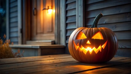 Halloween pumpkin with a spooky face glowing on a porch at night.