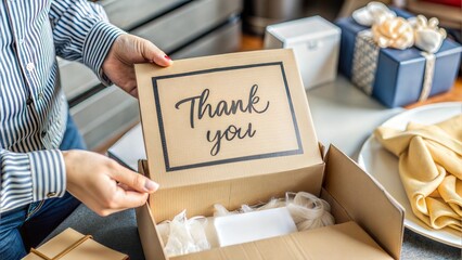 Person holding a thank you card in a gift box with festive background.