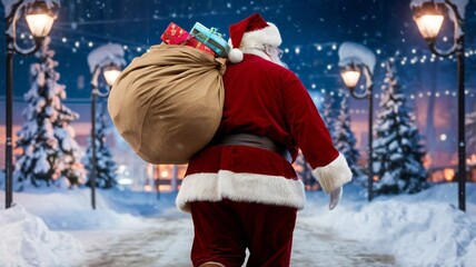 Santa Claus walking away from viewer in snowy forest while carrying gifts