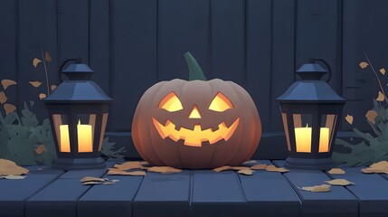 Obraz premium A glowing jack-o'-lantern surrounded by lanterns and autumn leaves.