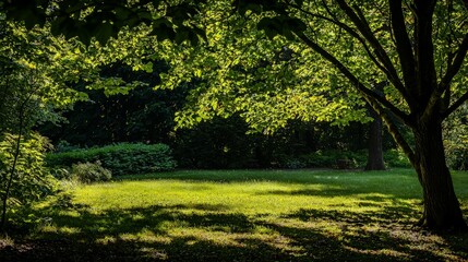 Fototapeta premium Sunlight filtering through the leaves of a large tree in a park, casting shadows on the green grass.