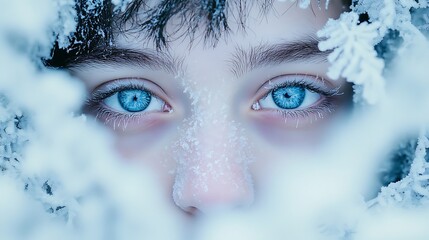 Blue eyes of a human close-up view, eyebrows and hairs of face frozen, cold freezing winter