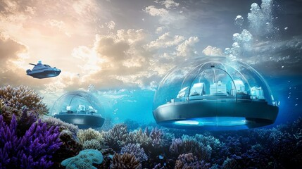 Three futuristic transparent underwater domes with a futuristic ship flying above them, surrounded by vibrant coral reefs.