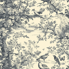 Obraz premium A Toile de Jouy seamless pattern with detailed scenes of shepherds tending to their flocks