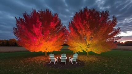 Three white chairs sit under two vibrant red and yellow trees with fall foliage in a grassy field.