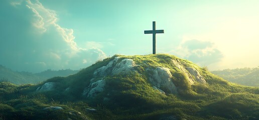 Naklejka premium A black cross stands tall on a grassy hilltop against a blue sky.