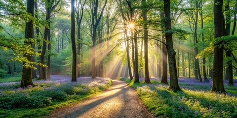 Obraz premium Sunlight Streaks Through a Canopy of Trees, Illuminating a Winding Path Through a Field of Delicate Blooms