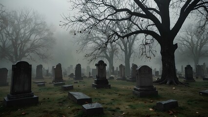 Misty Autumn Cemetery with Gravestones and Fallen Leaves – Gothic and Eerie Atmosphere