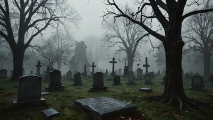 Misty Autumn Cemetery with Gravestones and Fallen Leaves &ndash; Gothic and Eerie Atmosphere