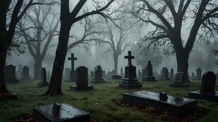 Misty Autumn Cemetery with Gravestones and Fallen Leaves &ndash; Gothic and Eerie Atmosphere