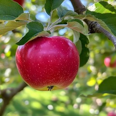 A close-up of a shiny red apple hanging from an apple tree branch, with leaves framing the scene