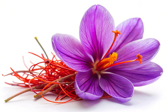 Crocus flower with red saffron threads,isolated on White background
