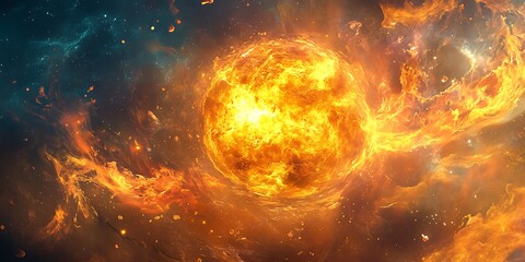 Great fire explosion on a planet in space, fire blaze flame around a single planet illustration background