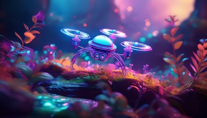 Shiny Fantasy Small A.I robots in harmony with nature