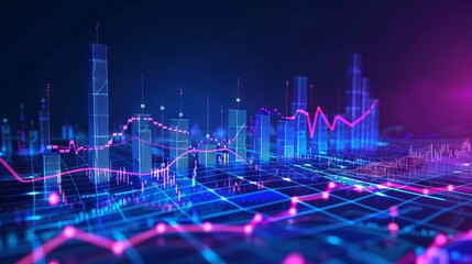 Futuristic 3D render of stock market and fintech forex concept with blurry blue digital charts on dark blue background, highlighting financial data analysis and technology
