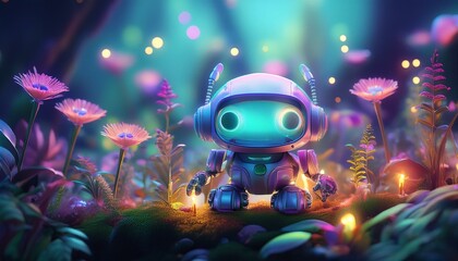 Shiny Fantasy Small A.I robots in harmony with nature