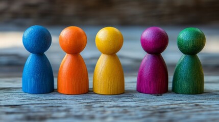 Diverse Wooden Figures Celebrating Inclusion, a vibrant assembly of handcrafted figurines showcasing various cultures and identities, promoting unity and representation in society
