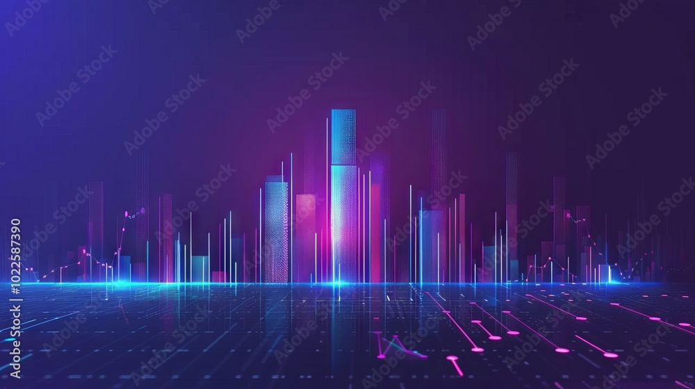 Poster futuristic 3d render of stock market and fintech forex concept with blurry blue digital charts on da