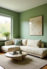 Fototapeta premium Contemporary Mid-Century Living Room: Limewash Green Walls, Curved Cream Sectional Sofa, and Artistic Stone Coffee Table Illuminated by Natural Light