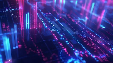 Fototapeta premium Futuristic 3D render of stock market and fintech forex concept with blurry blue digital charts on dark blue background, highlighting financial data analysis and technology