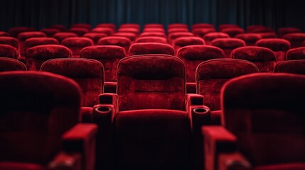 Rows of red velvet theater seats in a darkened movie theater.