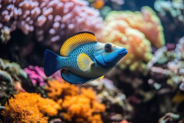 Obraz premium A colorful fish swims in a coral reef. This image is ideal for websites or publications about the ocean, marine life, or tropical destinations.