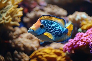 Obraz premium A brightly colored fish swims past coral. A stunning depiction of marine life, perfect for illustrating ocean conservation.