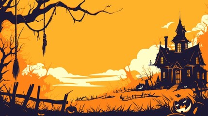 Halloween background featuring a simple vector graphic design with an orange color palette, showcasing the silhouettes of a haunted house and spooky trees for a festive atmosphere.
