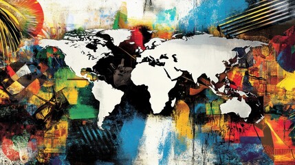 Naklejka premium A colorful artistic representation of a world map with vibrant abstract patterns.