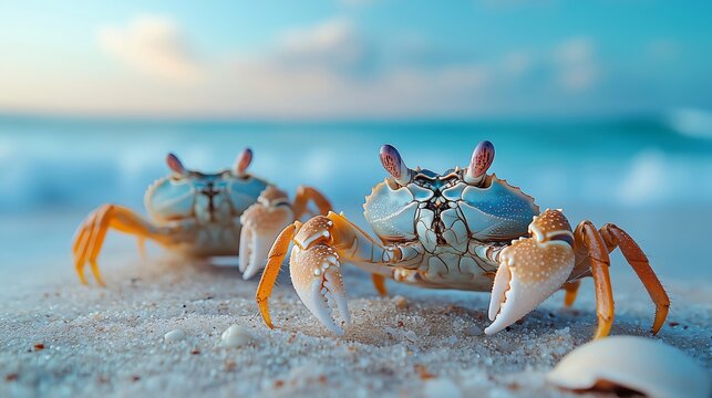 Two crabs walking on the beach at sunset