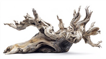 Fototapeta premium A masterfully crafted driftwood sculpture features detailed textures and forms, elegantly presented against a pristine white backdrop.