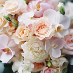 A close-up of a wedding bouquet, featuring soft pastel-colored flowers