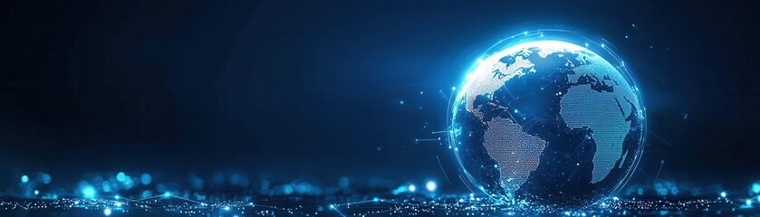 Fototapeta premium A digital depiction of Earth, glowing in blue light against a dark background, symbolizing technology and connectivity in the modern world.