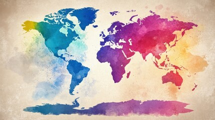 A colorful watercolor world map on a textured background, showcasing global geography artistically.