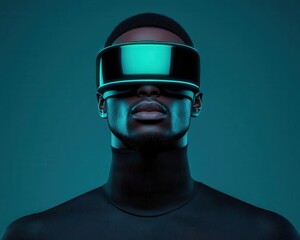 A futuristic figure wearing advanced virtual reality goggles against a vibrant blue background. The image embodies innovation and the future of technology in immersive experiences.